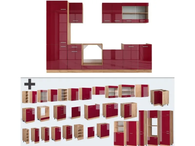 Vicco R-Line Küche Bordeaux Hochglanz/Goldkraft Eiche 300 cm ohne Arbeitsplatte ohne E-Geräte< Einbauküchen