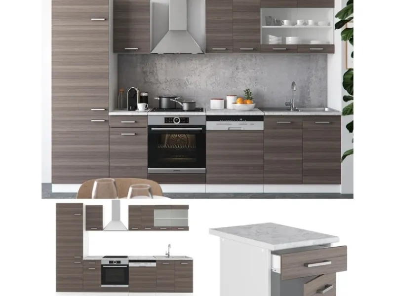 Hot Vicco R-Line Küche /Weiß 300 cm AP Marmor ohne E-Geräte Edelgrau