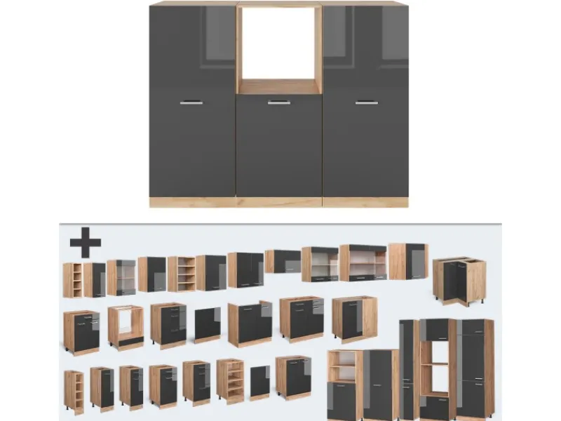 Einbauküchen<Vicco R-Line Küchenblock /Goldkraft Eiche 180 cm ohne Arbeitsplatte ohne E-Geräte