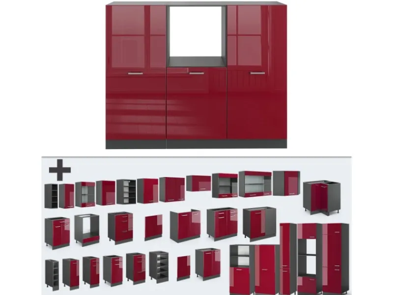 Herde|Kühlschränke<Vicco R-Line Küchenblock Bordeaux Hochglanz/Anthrazit 180 cm ohne Arbeitsplatte ohne E-Geräte