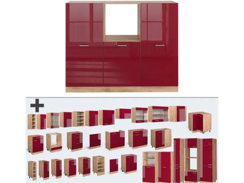 Vicco R-Line Küchenblock Bordeaux Hochglanz/Goldkraft Eiche 180 cm ohne Arbeitsplatte ohne E-Geräte< Einbauküchen