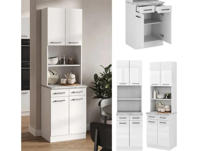 Vicco R-Line Küchenblock Weiß Hochglanz 60 cm AP Marmor ohne E-Geräte< Miniküchen