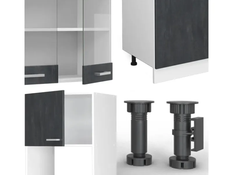 Vicco R-Line Küchenmöbel Schwarz Beton/Weiß 300 cm AP Marmor ohne E-Geräte< Einbauküchen
