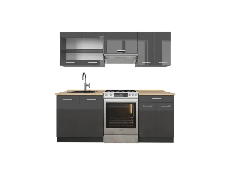 Clearance Vicco R-Line Küchenzeile Hochglanz/ 200 cm ohne Arbeitsplatte ohne E-Geräte Anthrazit