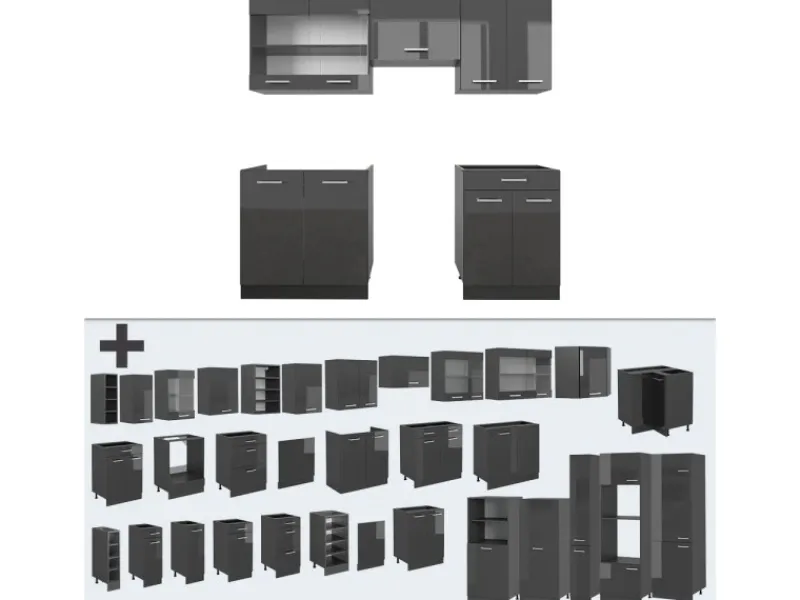 Clearance Vicco R-Line Küchenzeile Hochglanz/ 200 cm ohne Arbeitsplatte ohne E-Geräte Anthrazit