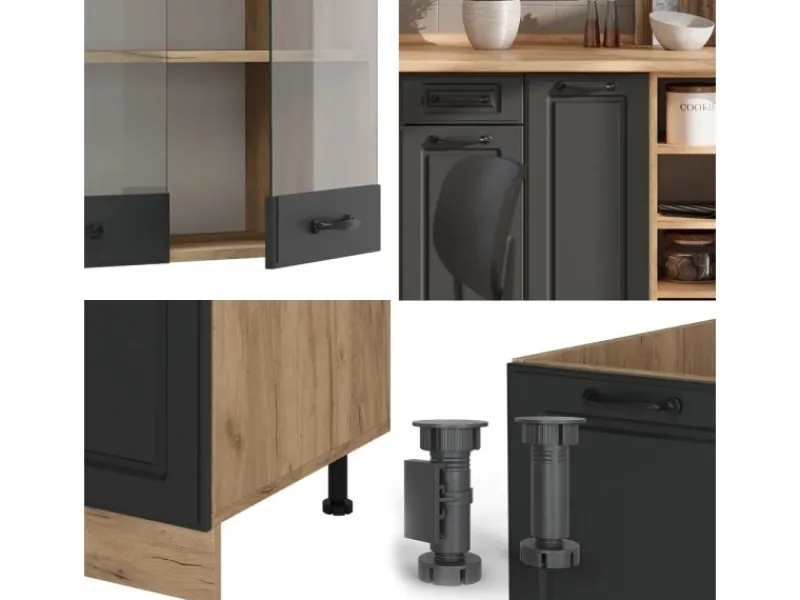 Vicco R-Line Küchenzeile Anthrazit Landhaus/Goldkraft Eiche 240 cm AP Marmor ohne E-Geräte< Einbauküchen