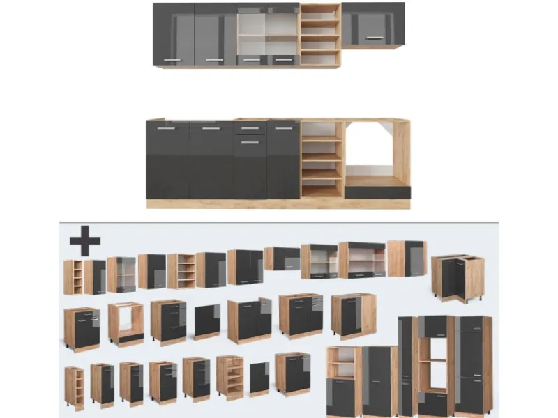 Vicco R-Line Küchenzeile /Goldkraft Eiche 240 cm AP Anthrazit ohne E-Geräte< Einbauküchen