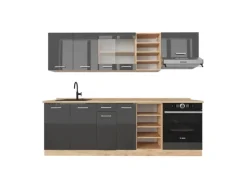 Outlet Vicco R-Line Küchenzeile /Goldkraft Eiche 240 cm ohne Arbeitsplatte ohne E-Geräte Anthrazit Hochglanz