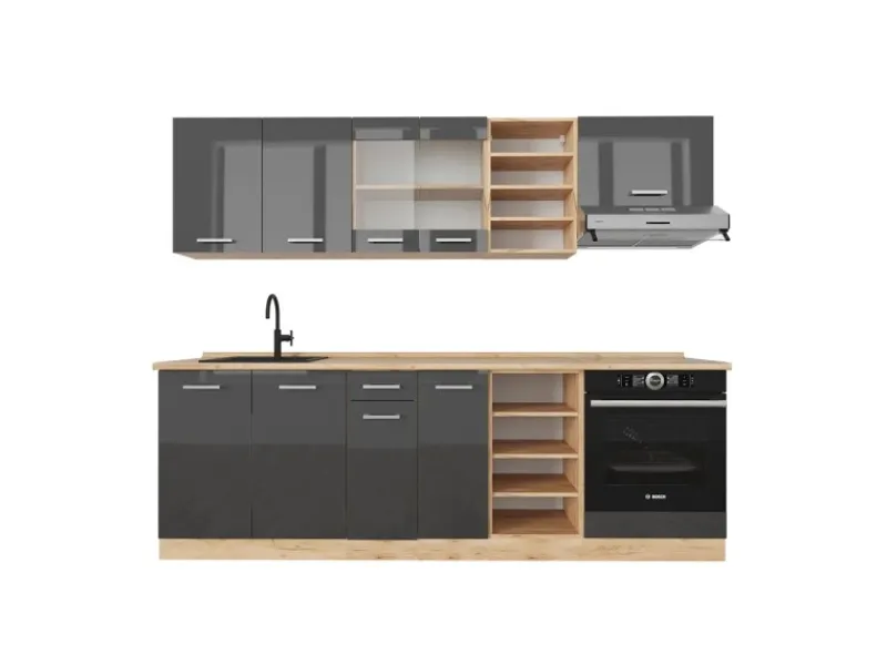 Outlet Vicco R-Line Küchenzeile /Goldkraft Eiche 240 cm ohne Arbeitsplatte ohne E-Geräte Anthrazit Hochglanz