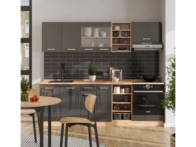 Outlet Vicco R-Line Küchenzeile /Goldkraft Eiche 240 cm ohne Arbeitsplatte ohne E-Geräte Anthrazit Hochglanz