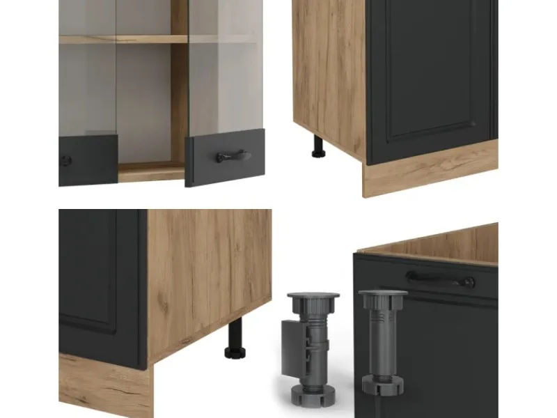 Einbauküchen<Vicco R-Line Küchenzeile Anthrazit Landhaus/Goldkraft Eiche 300 cm mit HochschrankAP Marmor ohne E-Geräte