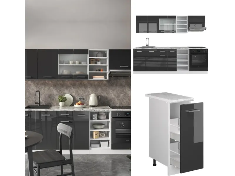 Vicco R-Line Küchenzeile /Weiß 240 cm AP Eiche ohne E-Geräte< Einbauküchen