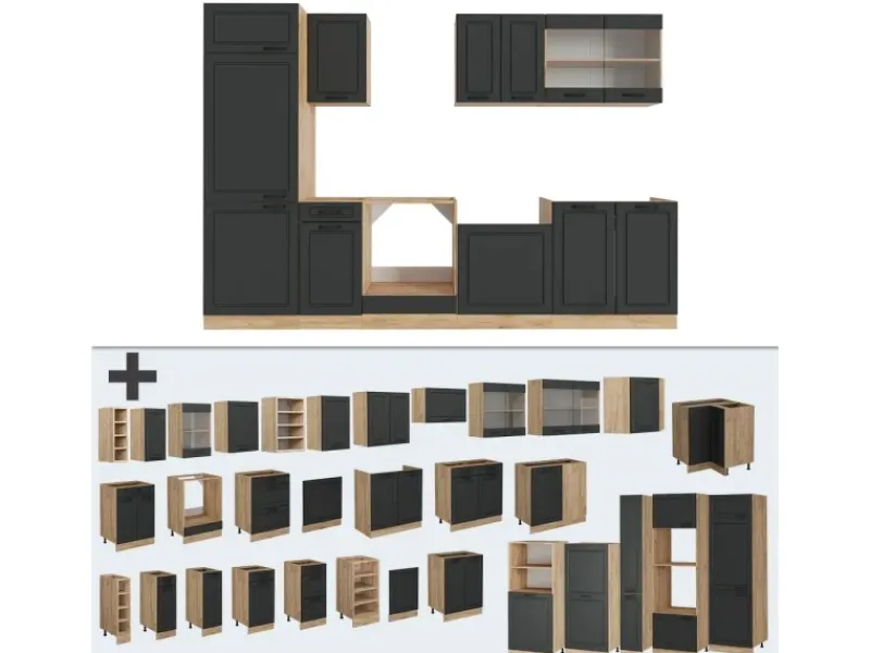 Vicco R-Line Küchenzeile Anthrazit Landhaus/Goldkraft Eiche 300 cm AP Eiche ohne E-Geräte< Einbauküchen