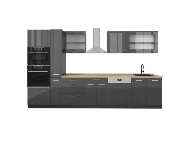 Discount Vicco R-Line Küchenzeile Hochglanz/ 350 cm AP Eiche ohne E-Geräte Anthrazit