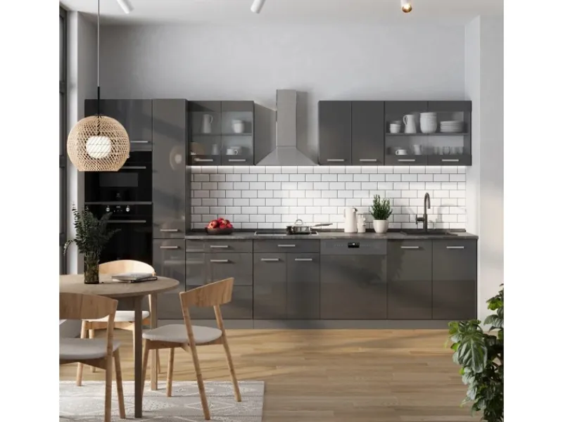 Discount Vicco R-Line Küchenzeile Hochglanz/ 350 cm AP Eiche ohne E-Geräte Anthrazit