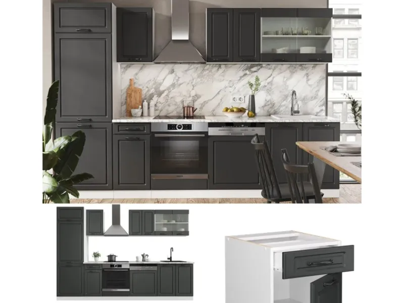 Vicco R-Line Küchenzeile Anthrazit Landhaus/Weiß 300 cm AP Anthrazit ohne E-Geräte< Einbauküchen