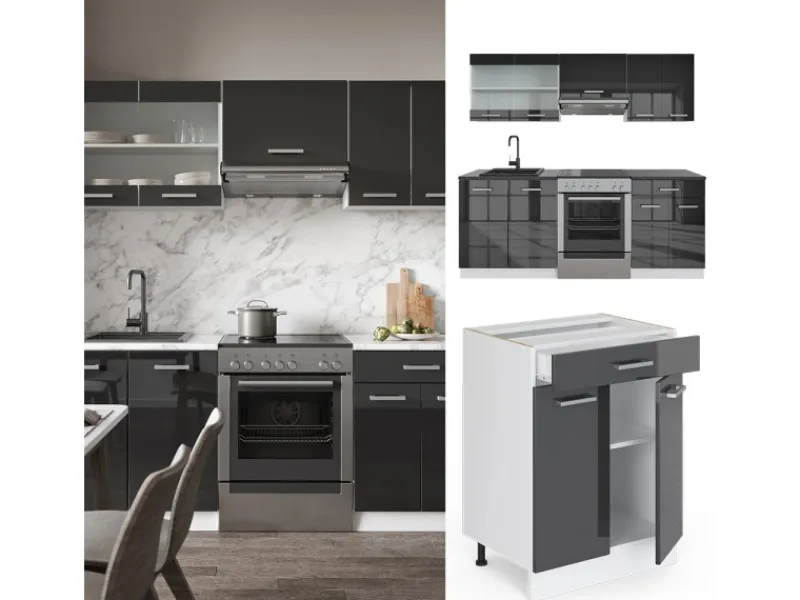 Vicco R-Line Küchenzeile /Weiß 200 cm AP Eiche ohne E-Geräte< Einbauküchen