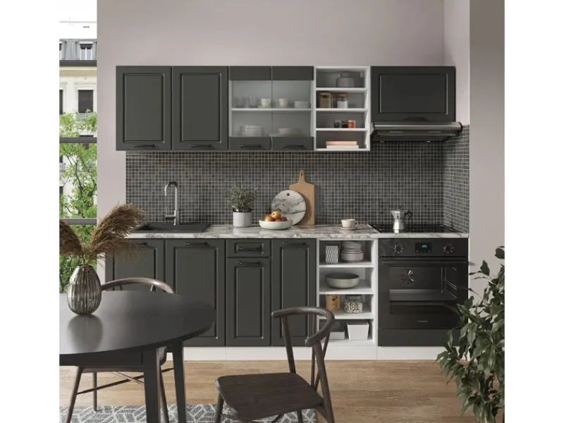 Einbauküchen<Vicco R-Line Küchenzeile Anthrazit Landhaus/Weiß 240 cm ohne Arbeitsplatte ohne E-Geräte