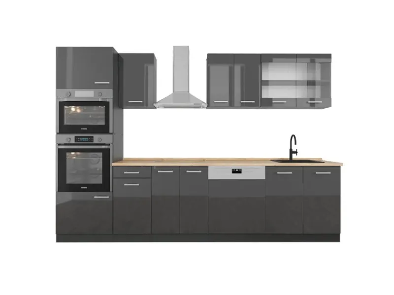 Clearance Vicco R-Line Küchenzeile Hochglanz/ 300 cm mit HochschrankAP Eiche ohne E-Geräte Anthrazit