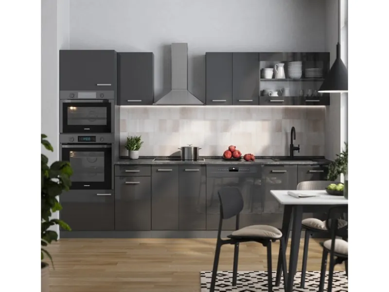 Clearance Vicco R-Line Küchenzeile Hochglanz/ 300 cm mit HochschrankAP Eiche ohne E-Geräte Anthrazit