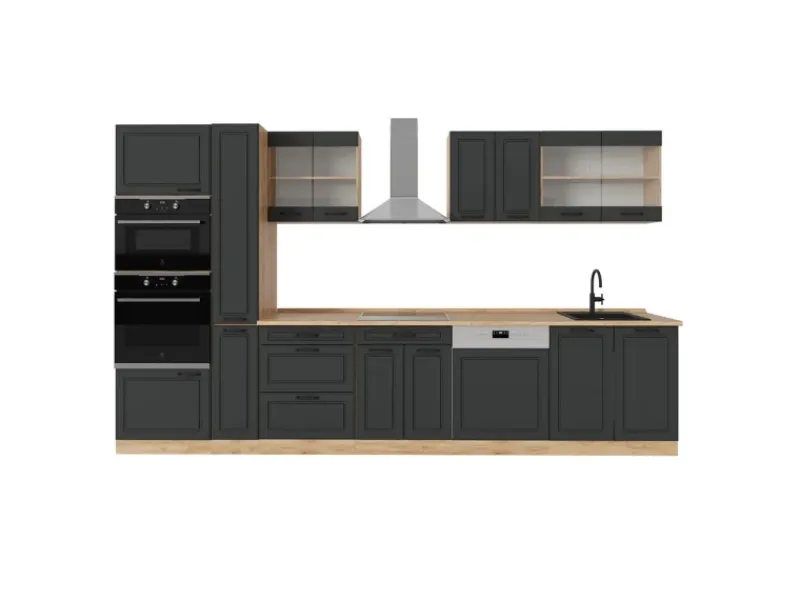 Einbauküchen<Vicco R-Line Küchenzeile Anthrazit Landhaus/Goldkraft Eiche 350 cm ohne Arbeitsplatte ohne E-Geräte