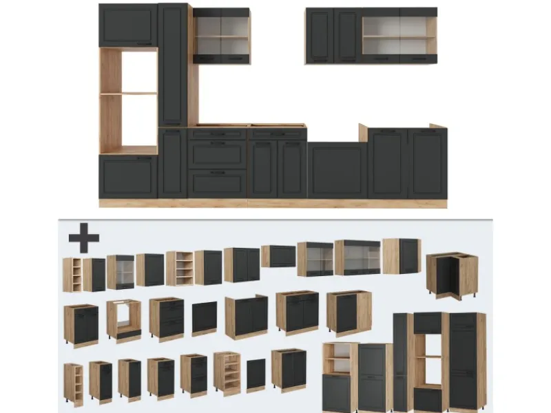 Einbauküchen<Vicco R-Line Küchenzeile Anthrazit Landhaus/Goldkraft Eiche 350 cm ohne Arbeitsplatte ohne E-Geräte