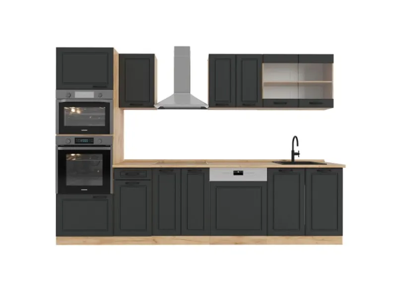 Outlet Vicco R-Line Küchenzeile Anthrazit Landhaus/Goldkraft Eiche 300 cm mit Hochschrankohne Arbeitsplatte ohne E-Geräte Anthrazit Struktur