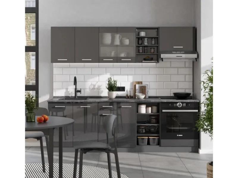 Sale Vicco R-Line Küchenzeile Hochglanz/ 240 cm AP Eiche ohne E-Geräte Anthrazit