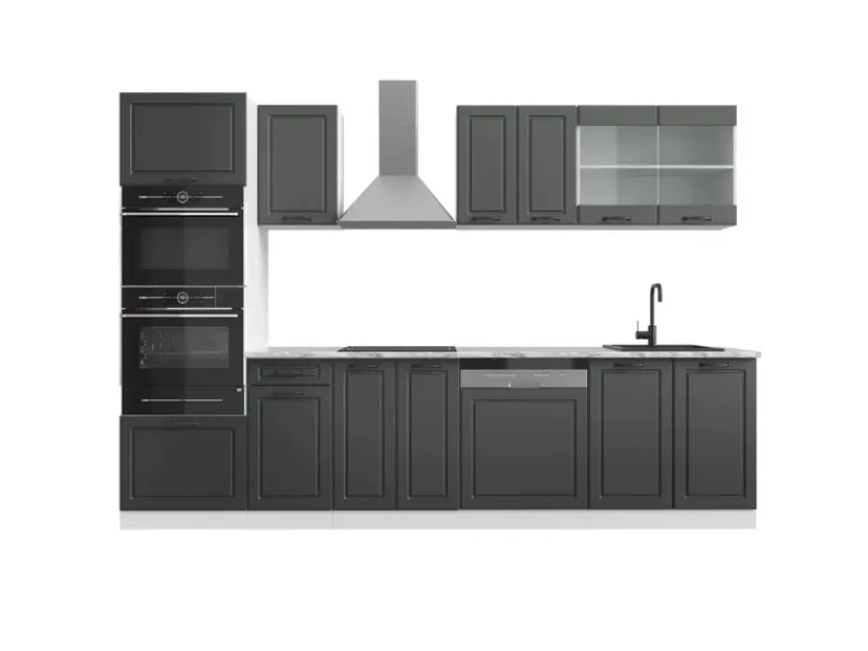 New Vicco R-Line Küchenzeile Anthrazit Landhaus/Weiß 300 cm mit HochschrankAP Marmor ohne E-Geräte Anthrazit Struktur