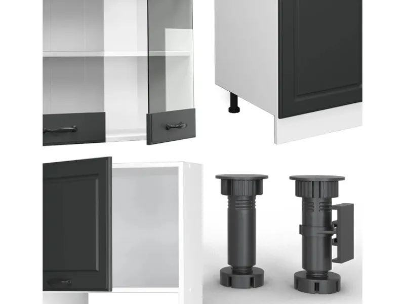 New Vicco R-Line Küchenzeile Anthrazit Landhaus/Weiß 300 cm mit HochschrankAP Marmor ohne E-Geräte Anthrazit Struktur