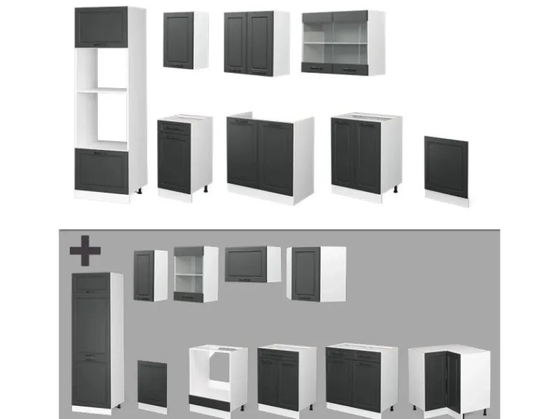 New Vicco R-Line Küchenzeile Anthrazit Landhaus/Weiß 300 cm mit HochschrankAP Marmor ohne E-Geräte Anthrazit Struktur