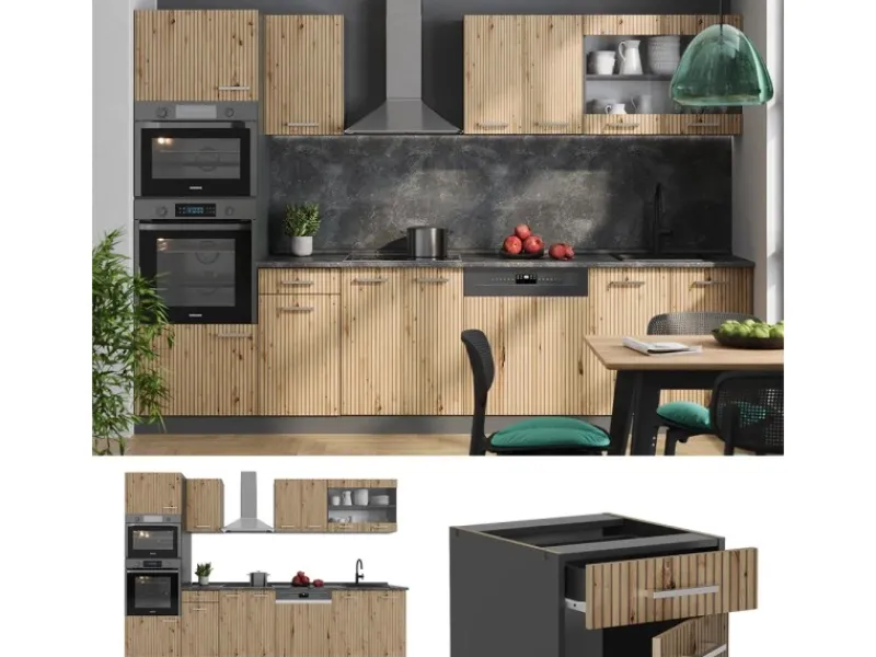 Vicco R-Line Küchenzeile Artisan Eiche/Anthrazit 300 cm mit Hochschrankohne Arbeitsplatte ohne E-Geräte< Küchenschränke
