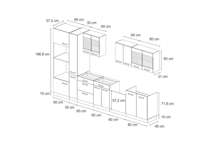 Pantryküchen<Vicco R-Line Küchenzeile /Weiß 350 cm mit Hochschrankohne Arbeitsplatte ohne E-Geräte