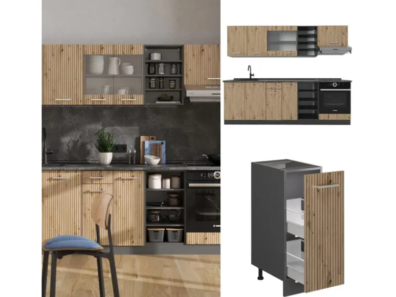 Outlet Vicco R-Line Küchenzeile Artisan Eiche/Anthrazit 240 cm AP Marmor ohne E-Geräte Eiche Hell