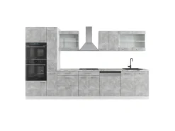 New Vicco R-Line Küchenzeile Beton/Weiß 350 cm mit Hochschrankohne Arbeitsplatte ohne E-Geräte Betongrau