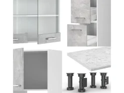 New Vicco R-Line Küchenzeile Beton/Weiß 350 cm mit Hochschrankohne Arbeitsplatte ohne E-Geräte Betongrau