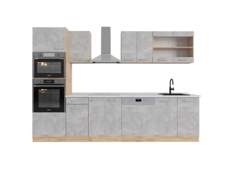 Hot Vicco R-Line Küchenzeile /Goldkraft Eiche 300 cm mit HochschrankAP Marmor ohne E-Geräte Beton