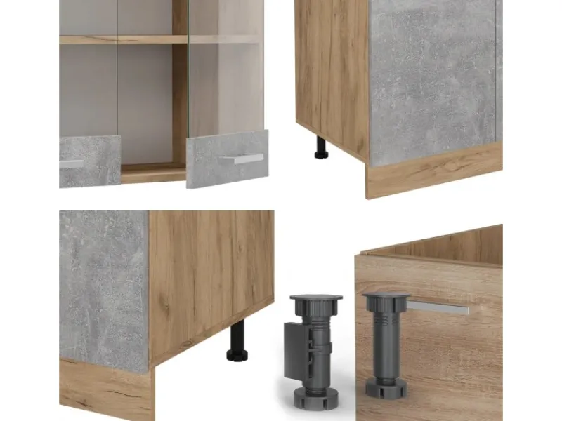 Hot Vicco R-Line Küchenzeile /Goldkraft Eiche 300 cm mit HochschrankAP Marmor ohne E-Geräte Beton