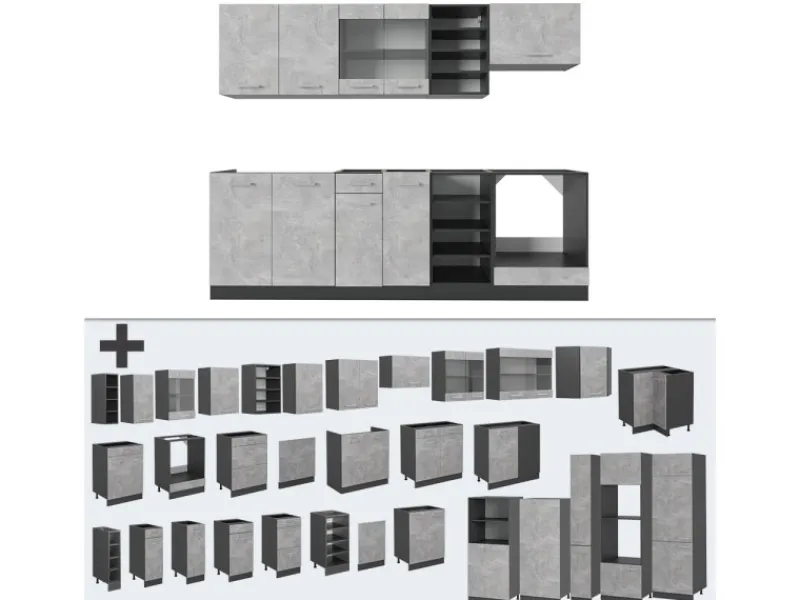 Outlet Vicco R-Line Küchenzeile /Anthrazit 240 cm AP Eiche ohne E-Geräte Beton