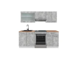 New Vicco R-Line Küchenzeile Beton/Weiß 200 cm AP Eiche ohne E-Geräte Betongrau