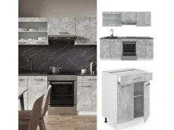 New Vicco R-Line Küchenzeile Beton/Weiß 200 cm AP Eiche ohne E-Geräte Betongrau