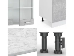 Online Vicco R-Line Küchenzeile Beton/Weiß 300 cm mit HochschrankAP Eiche ohne E-Geräte Betongrau