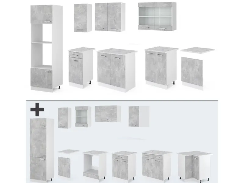Vicco R-Line Küchenzeile 300 cm mit HochschrankAP Marmor ohne E-Geräte Beton