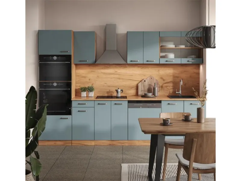 Vicco R-Line Küchenzeile Blau-Grau/Goldkraft Eiche 300 cm mit HochschrankAP Eiche ohne E-Geräte Blaugrau