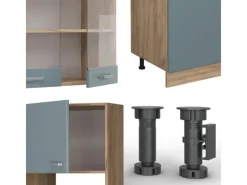 Vicco R-Line Küchenzeile Blau-Grau/Goldkraft Eiche 300 cm mit HochschrankAP Eiche ohne E-Geräte Blaugrau