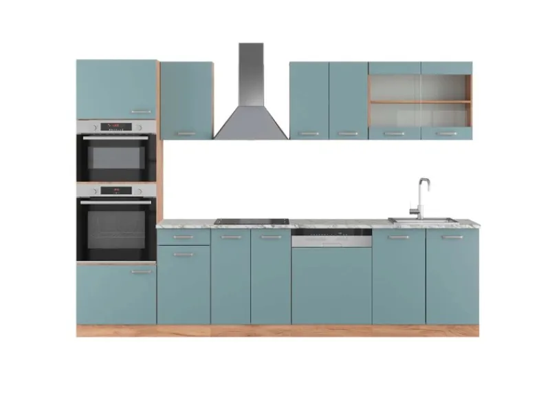 Single-Küchen|Einbauküchen<Vicco R-Line Küchenzeile Blau-Grau/Goldkraft Eiche 300 cm mit HochschrankAP Marmor ohne E-Geräte