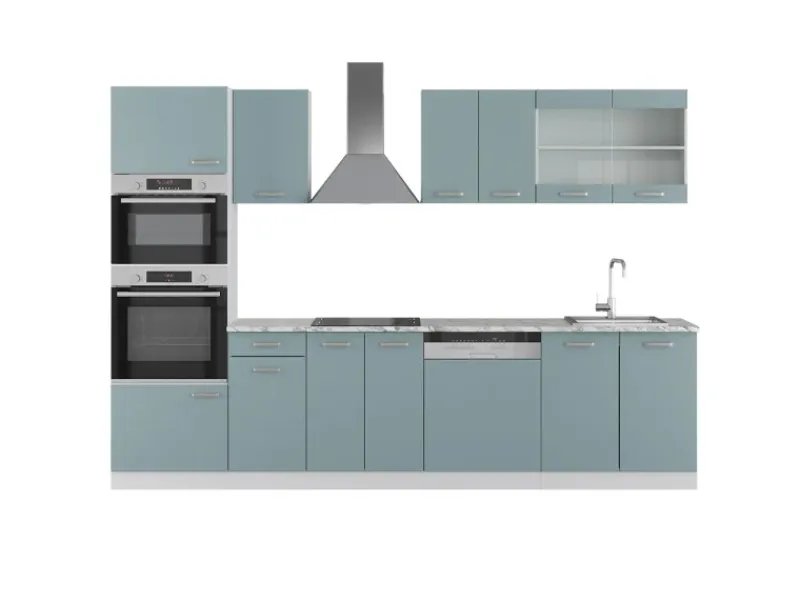Vicco R-Line Küchenzeile Blau-Grau 300 cm mit HochschrankAP Marmor ohne E-Geräte Blaugrau