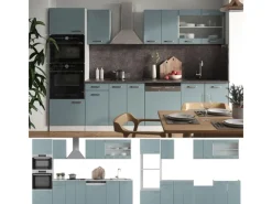 Vicco R-Line Küchenzeile Blau-Grau 300 cm mit HochschrankAP Marmor ohne E-Geräte Blaugrau