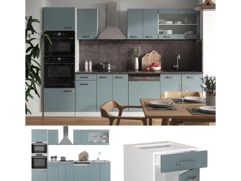 Vicco R-Line Küchenzeile Blau-Grau 300 cm mit HochschrankAP Marmor ohne E-Geräte Blaugrau