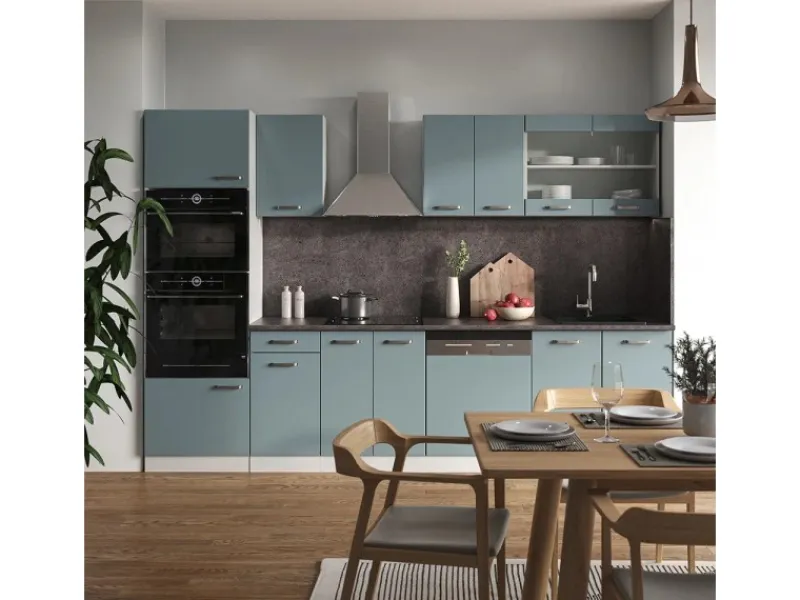 Vicco R-Line Küchenzeile Blau-Grau 300 cm mit HochschrankAP Marmor ohne E-Geräte Blaugrau